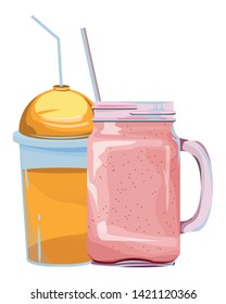 fruit tropical smoothie drink with dome lid, squared glass and straw icon cartoon vector illustration graphic design