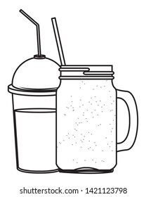 fruit tropical smoothie drink with dome lid, squared glass and straw icon cartoon in black and white vector illustration graphic design