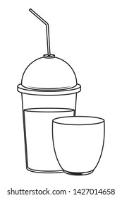 fruit tropical smoothie drink with dome lid, small glass cup and straw icon cartoon in black and white vector illustration graphic design