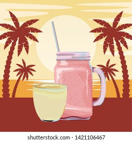 fruit tropical smoothie drink with small cuo, square glass and straw icon cartoon over beach sunset landscape vector illustration graphic design
