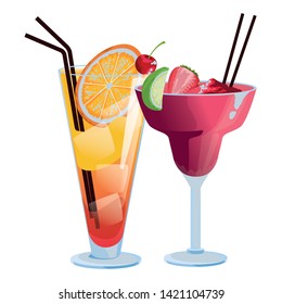 fruit and two tropical cocktail with cherries, orange, strawberry, lemon slide and straw icon cartoon vector illustration graphic design