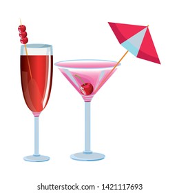 fruit and two tropical cocktail with cherries and umbrella icon cartoon vector illustration graphic design