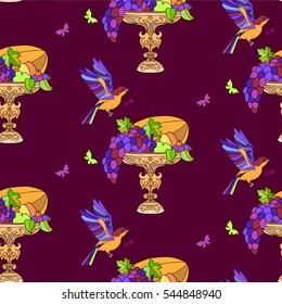 Fruit in a vase and flying birds and butterfly seamless pattern.