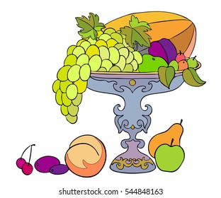 Fruit in a vase, grapes and peaches. Vector illustration isolated on white.