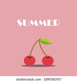 Fruit vector background with cherry, text "summer", Vector summer card with cherry.