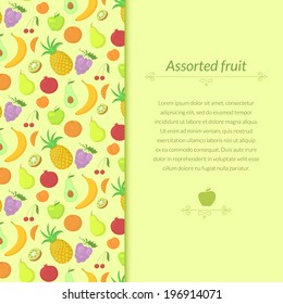 Fruit vector background with great abundance of bright colorful fruit, with place for text