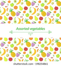 Fruit vector background with great abundance of bright colorful fruit, with place for text
