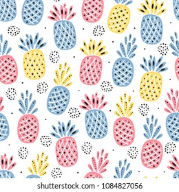 Fruit Vector Background with Pineapple. Abstract Seamless Pattern with Pineapples. Colorful Tropical Fruits Wallpaper. Healthy Summer Food Background