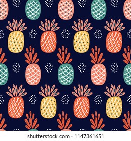 Fruit Vector Background with Pineapple. Abstract Seamless Pattern with Pineapples. Colorful Tropical Fruits Wallpaper. Healthy Summer Food Background