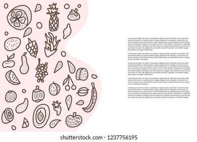 Fruit vector  banners template in doodle style. Set of fresh apple, pear, orange, mango, lemon and etc. Cards composition with empty space for text. 