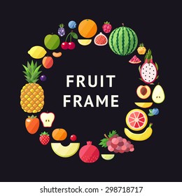 Fruit vector circle frame background. Modern flat design. Healthy food background. 
