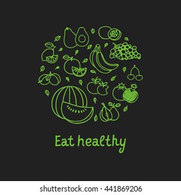 Fruit vector circle on a dark background. Healthy food design.