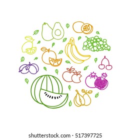 Fruit vector circle on a white background. Healthy food design.