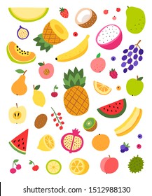 Fruit vector collection isolated on white background. Cute food fruits illustrations. Healthy eating and vegetarian set