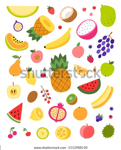 白い背景にフルーツベクター画像コレクション かわいい食べ物のイラスト 健康的な食事とベジタリアンセット のベクター画像素材 ロイヤリティフリー