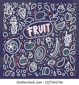 Fruit vector concept in doodle style. Set of fresh apple, pear, orange, mango, lemon and etc. Square composition. 