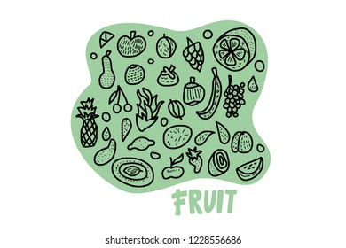 Fruit vector concept in doodle style. Set of fresh apple, pear, orange, mango, lemon and etc. Sketch badge composition. 