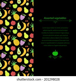 Fruit vector dark background with great abundance of bright colorful fruit, with place for text