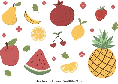 Fruit vector flat illustration. Colorful set illustration of assorted produce including strawberry, banana, watermelon, and apple