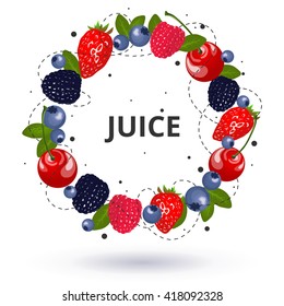 Fruit vector frame. Colorful background with berry wreath in the air.  Strawberry, blueberry, raspberry, blackberry and cherry isolated on the white background.