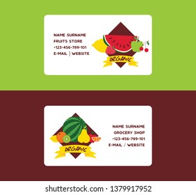 Fruit vector fruity business card background and fruitful exotic wallpaper with fresh slices of watermelon orange apples and tropical fruits illustration business-card backdrop set.