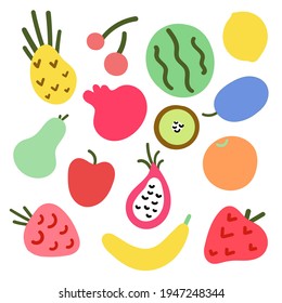 Fruit vector icon set. Includes cherry, strawberry, plum, dragon fruit. Food ingredients vector illustration isolated on white background