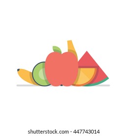 Fruit, vector illustration. Apple, kiwi, banana, orange, watermelon