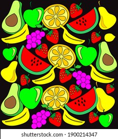 
Fruit vector illustration: banana, apple, grape, strawberries, watermelon, pear, avocado, mango, orange still life on the table, etc. Images for posters, cards or backgrounds