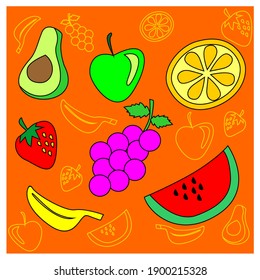 
Fruit vector illustration: banana, apple, grape, strawberries, watermelon, pear, avocado, mango, orange still life on the table, etc. Images for posters, cards or backgrounds