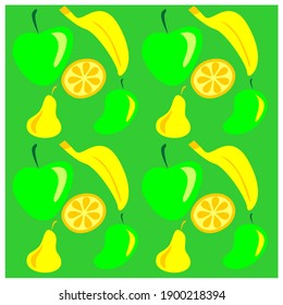 
Früchte, Vektorgrafik: Banane, Apfel, Birne, Mango, Orange-Stillleben auf dem Tisch usw. Bilder für Plakate, Karten oder Hintergründe