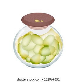 Fruit, Vector Illustration of A Delicious Green Pickled Olives or Marinated Olives in A Glass Jar Isolated on White Background. 