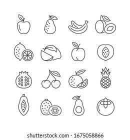 Fruit vector line icon set. Flat symbol of apple, pear, banana, pineapple, lemon, orange, cherry. Editable strokes. Vector illustration.