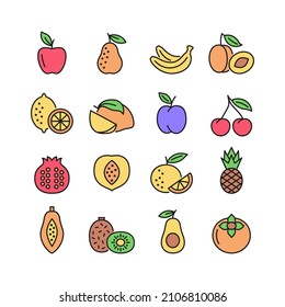 Fruit vector line icon set. Flat symbol of apple, pear, banana, pineapple, lemon, orange, cherry.  Vector color illustration.