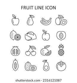 Fruit vector line icon set. Flat symbol of apple, pear, cherry,  banana, pineapple, lemon, orange, plum. Vector illustration.