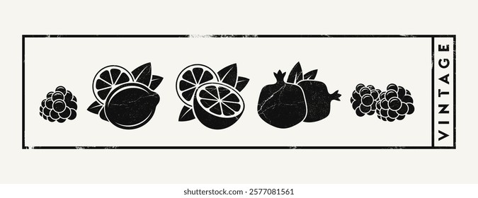 Fruta estilo Antiguas con textura grunge. Abstractas limón lima granada frambuesa mora con fruta naranja sobre fondo gris. Alimentos naturales  