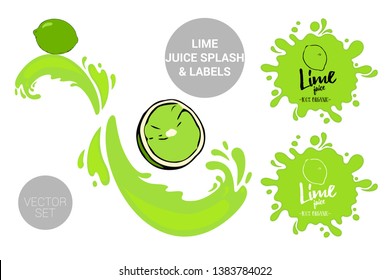  Fruit vector package set of cartoon green lime on juice splashes. Organic fruit labels tags and lime juice text. Colorful orange piece stickers. Citrus Juicy fruit badges with splash.