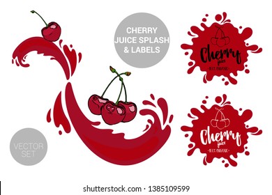 Fruit vector package set of cartoon red cherries on juice splashes. Organic fruit labels tags and cherry juice text.  