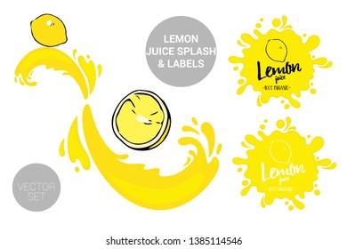  Fruit vector package set of cartoon yellow lemon on juice splashes. Organic fruit labels tags and lemon juice text. Colorful orange piece stickers. Citrus Juicy fruit badges with splash.
