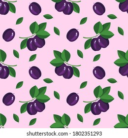 
Fruit vector pattern. Children's background, cover, print. Plums on a pink background