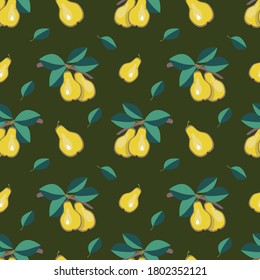 
Fruit vector pattern. Children's background, cover, print. Yellow pears on a dark background