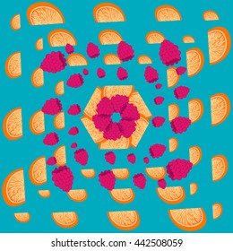 Fruit vector pattern with Orange slices and Raspberry in bright modern style. Summer ornament concept. Colorful t-shirt, textile, print or packaging design.