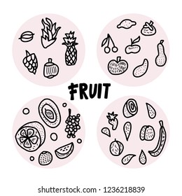 Fruit vector round badges in doodle style. Set of fresh apple, pear, orange, mango, lemon and etc. circle compositions. 