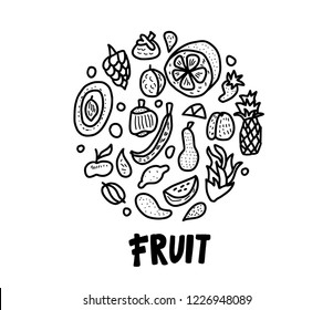 Fruit vector round concept in doodle style. Set of fresh apple, pear, orange, mango, lemon and etc. Circle sketch composition. 