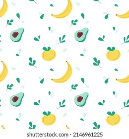 Fruit vector seamless pattern. Bananas and avocados, minimalistic green leaves. Flat fruits.