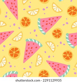 Fruit vector seamless pattern. Cute doodle background with hand drawn lemon and orange. Slice of watermelon wallpaper, textile, wrapping paper print design