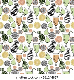 Fruit vector seamless pattern.Summertime theme. Cocktails, orange fruits, limes, pineapples, pears.Suitable for restaurant menu backdrop, juice bar, vegan and healthy food concept illustration.