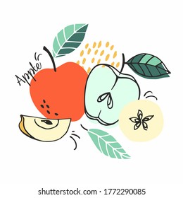 Fruit vector set of bright and juicy apples. Doodle fruits. For menu, shop, posters, stickers, cards, interior decor. Cartoon design.