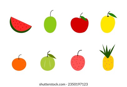 Fruchtvektorsatz. Farbige Fruchtsymbole auf weißem Hintergrund. Apfel, Mango, Orange usw. Grafikdesign-Elemente oder -Elemente.