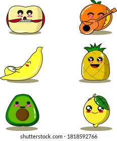 Fruit vector with a set of cute expression. fresh fruit doodle apple orange banana avocado lemon pineapple with musical instrument. can be used for print media, symbol and icon. isolated on white