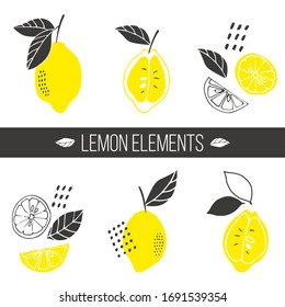 Fruit vector set. Drawn lemons, lemon slices, leaves. Doodle fruits. For paper, textile, gift wrapping, interior decoration, menu. Cartoon design
